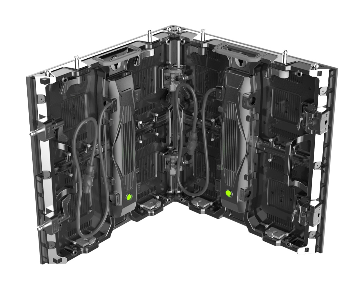 M Series LED display cabinets joined in a creative angle configuration